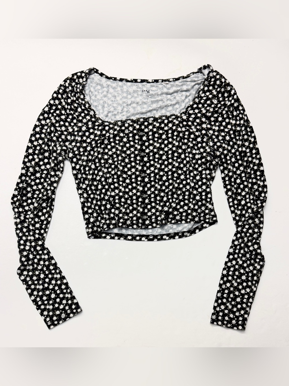 PAC Cares Black & White Floral Long-Sleeve Scoop-Neck Crop Top